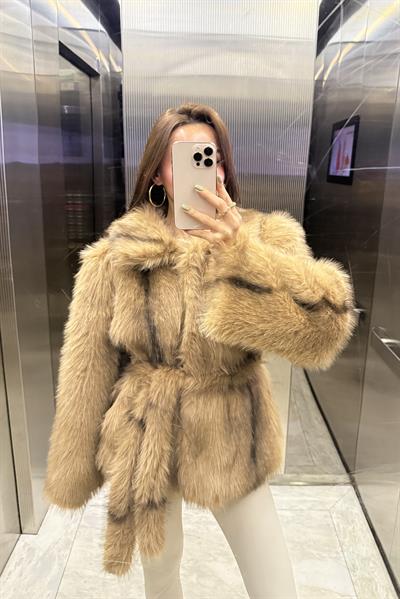 PREMİUM CAMEL KAHVE GEÇİŞLİ KUŞAKLI KÜRK