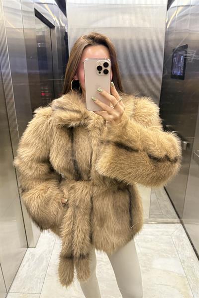 PREMİUM CAMEL KAHVE GEÇİŞLİ KUŞAKLI KÜRK