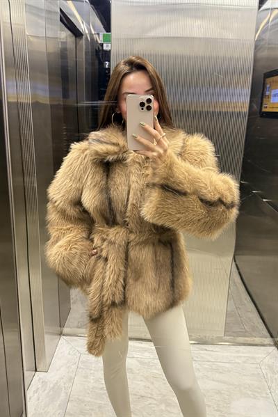 PREMİUM CAMEL KAHVE GEÇİŞLİ KUŞAKLI KÜRK