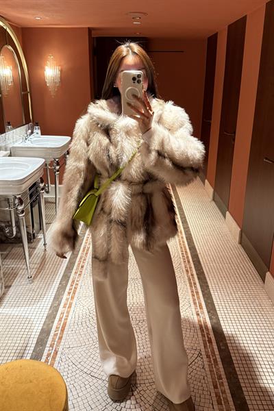 PREMİUM EKRU KAHVE GEÇİŞLİ KUŞAKLI KÜRK