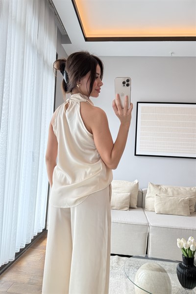 SATEN DRAPELİ PANTOLON TAKIM-BEJ