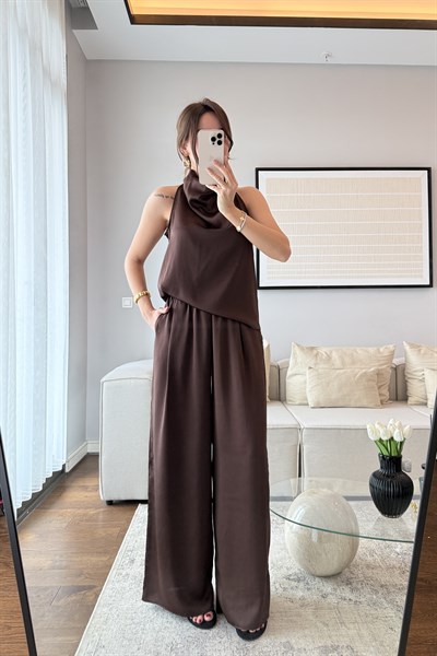 SATEN DRAPELİ PANTOLON TAKIM-KAHVE