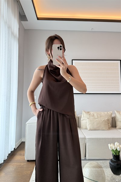 SATEN DRAPELİ PANTOLON TAKIM-KAHVE