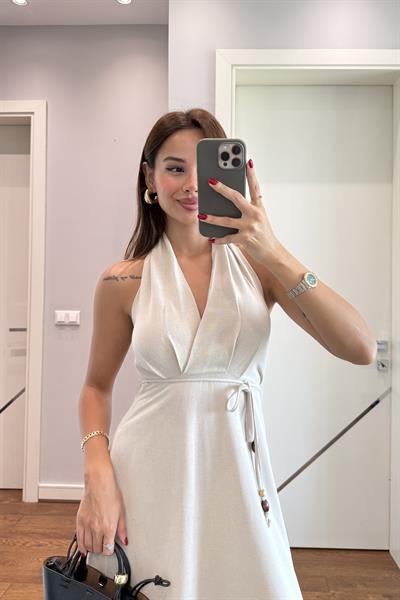 SİENA HALTER YAKA KETEN ELBİSE