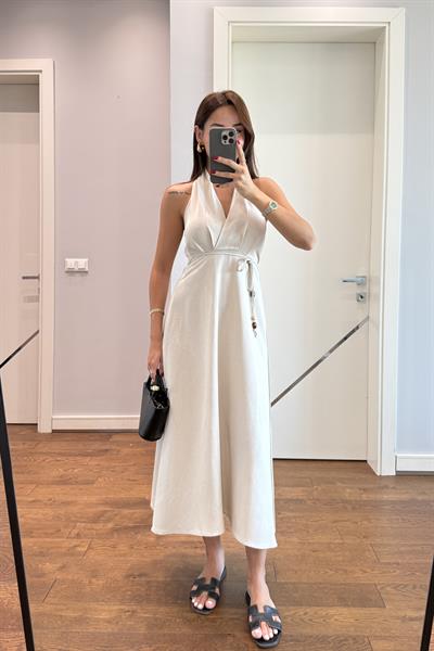 SİENA HALTER YAKA KETEN ELBİSE
