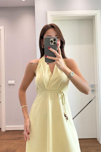 SİENA HALTER YAKA  KETEN ELBİSE-SARI