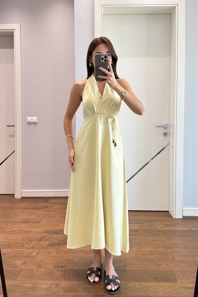 SİENA HALTER YAKA  KETEN ELBİSE-SARI