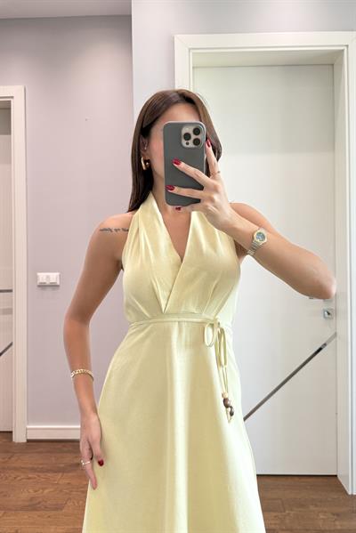 SİENA HALTER YAKA  KETEN ELBİSE-SARI