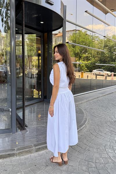 SIFIR YAKA POPLİN ETEK TAKIM - BEYAZ