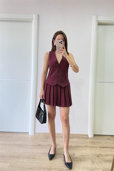 TAKIM GÖRÜNÜMLÜ TASARIM BORDO  ELBİSE