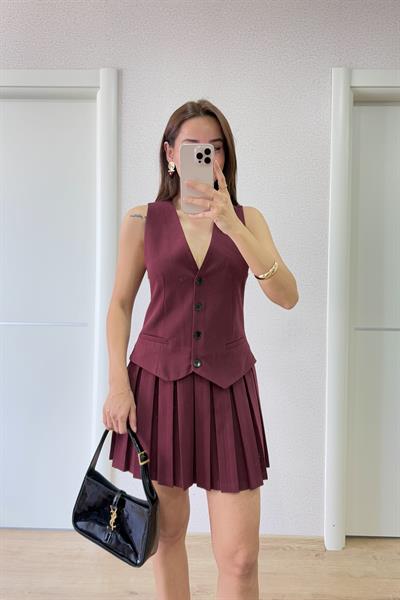TAKIM GÖRÜNÜMLÜ TASARIM BORDO  ELBİSE