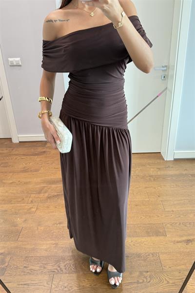 TASARIM MADONNA YAKA ELBİSE-KAHVE