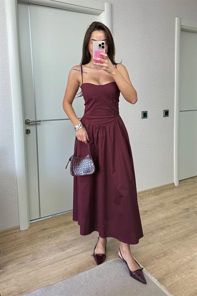 TASARIM POPLİN BORDO ELBİSE