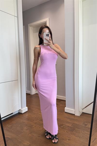 TOPARLAYICI KUMAŞ ELBİSE PEMBE