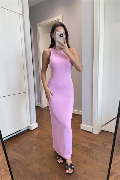 TOPARLAYICI KUMAŞ ELBİSE PEMBE