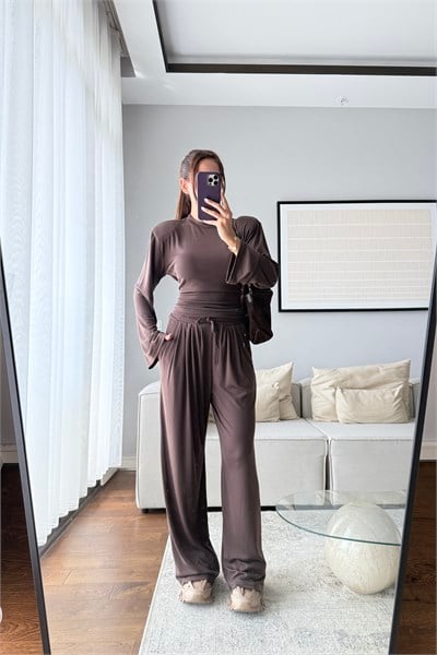 VATKALI BLUZ PANTOLON TAKIM-KAHVERENGİ
