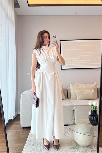 VATKALI OMUZ DRAPELİ BEL DETAYLI MAXİ ELBİSE