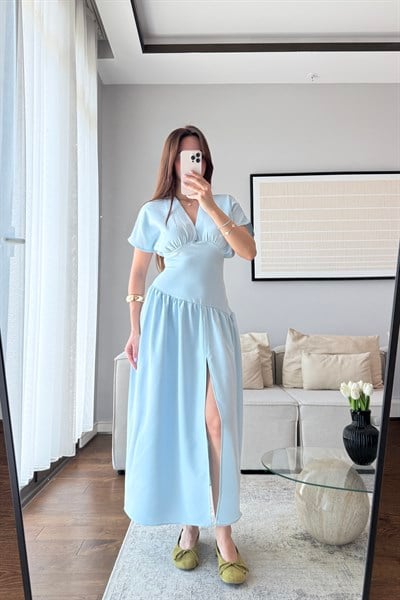 YIRTMAÇLI BELDEN OTURTMALI ELBİSE-MAVİ
