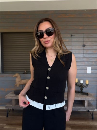 Aplike Nakış İşlemeli Keten Yelekli Takım