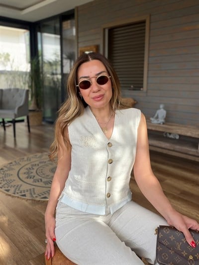 Aplike Nakış İşlemeli Keten Yelekli Takım