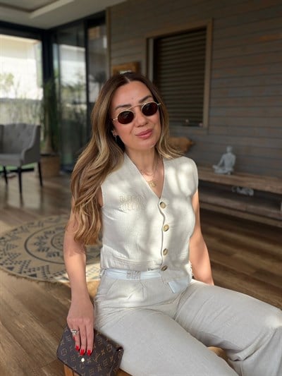 Aplike Nakış İşlemeli Keten Yelekli Takım