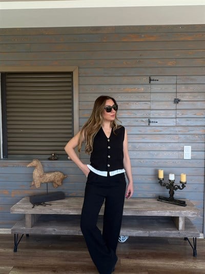 Aplike Nakış İşlemeli Keten Yelekli Takım