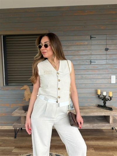 Aplike Nakış İşlemeli Keten Yelekli Takım