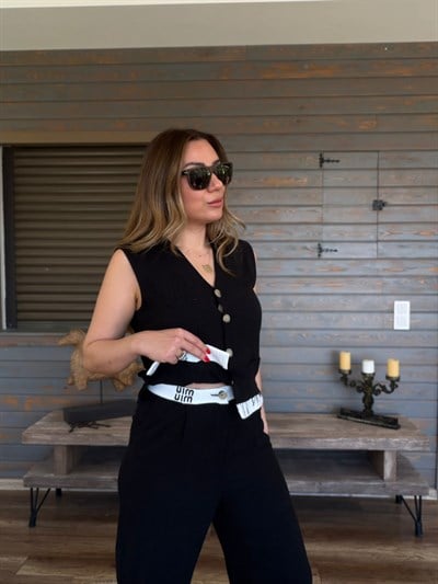 Aplike Nakış İşlemeli Keten Yelekli Takım