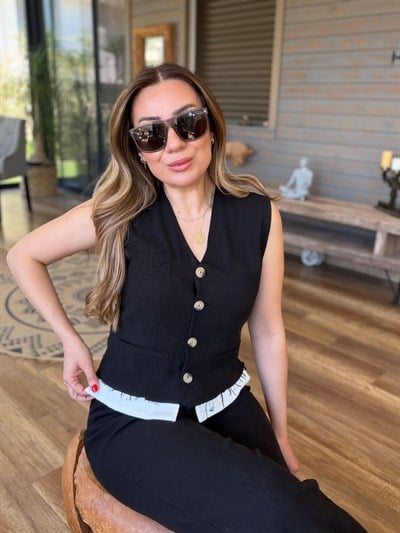 Aplike Nakış İşlemeli Keten Yelekli Takım