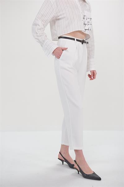 Bel Lastikli Kemerli Düz Pantolon