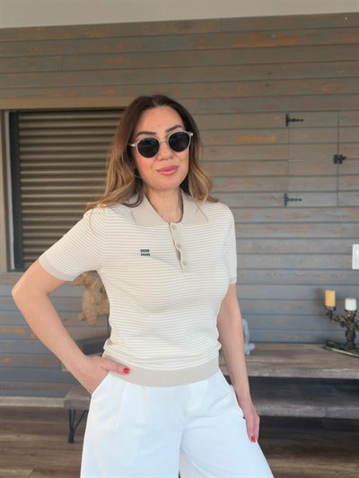 Çizgili Yakalı Triko T-Shirt