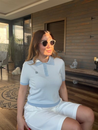 Çizgili Yakalı Triko T-Shirt