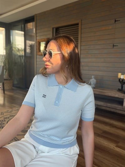 Çizgili Yakalı Triko T-Shirt