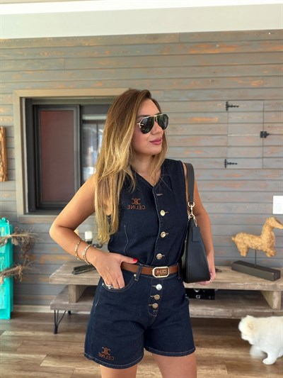Deli Logolu Gold Düğme Detaylı Jean Yelek Şort Takım