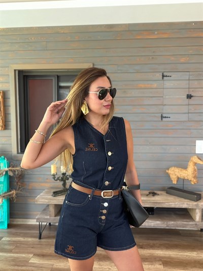 Deli Logolu Gold Düğme Detaylı Jean Yelek Şort Takım