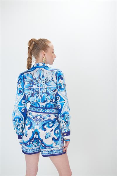 Desenli Bel Bağlamalı Salaş Gömlek