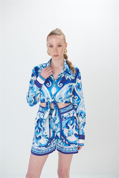 Desenli Bel Bağlamalı Salaş Gömlek