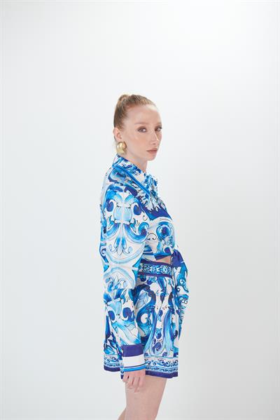 Desenli Bel Bağlamalı Salaş Gömlek