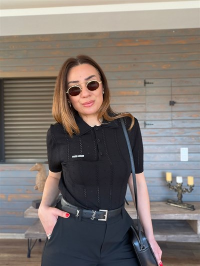 Desenli Yakalı Triko T-Shirt