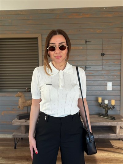 Desenli Yakalı Triko T-Shirt