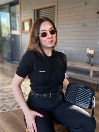 Desenli Yakalı Triko T-Shirt