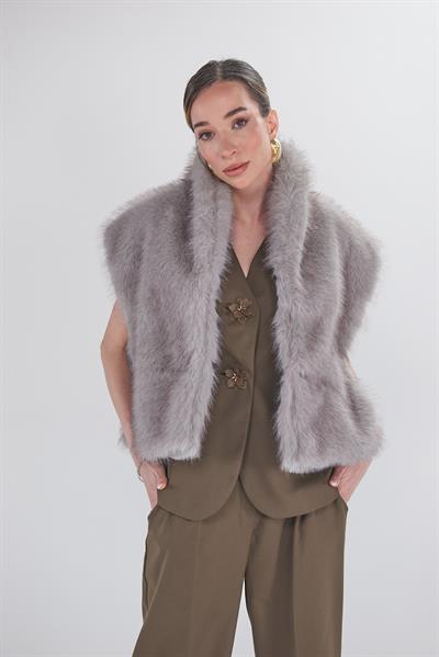 Düz Desen Kürk Yelek - Vizon