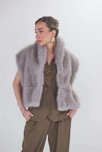 Düz Desen Kürk Yelek - Vizon