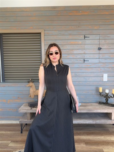 Fermuar Kapamalı Çizgili Elbise