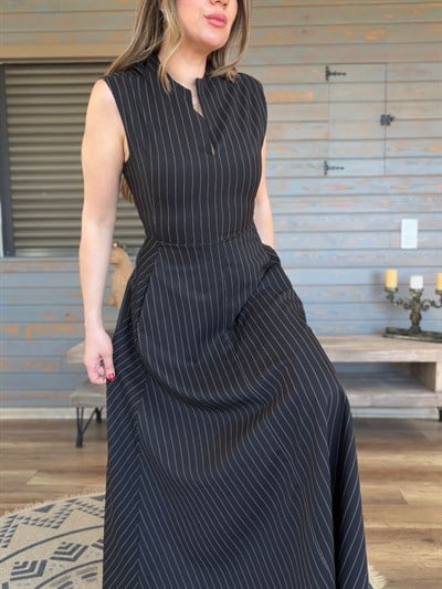 Fermuar Kapamalı Çizgili Elbise