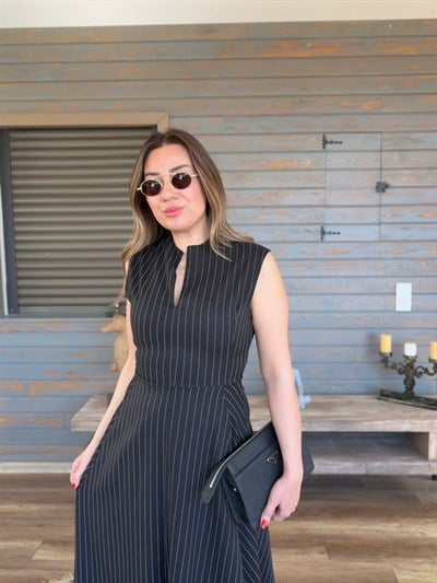 Fermuar Kapamalı Çizgili Elbise