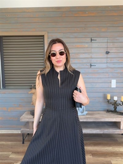 Fermuar Kapamalı Çizgili Elbise