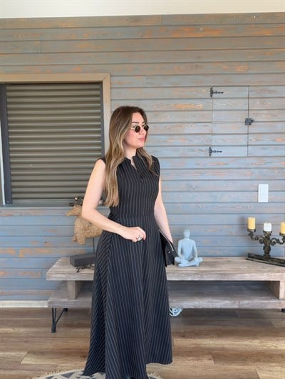 Fermuar Kapamalı Çizgili Elbise