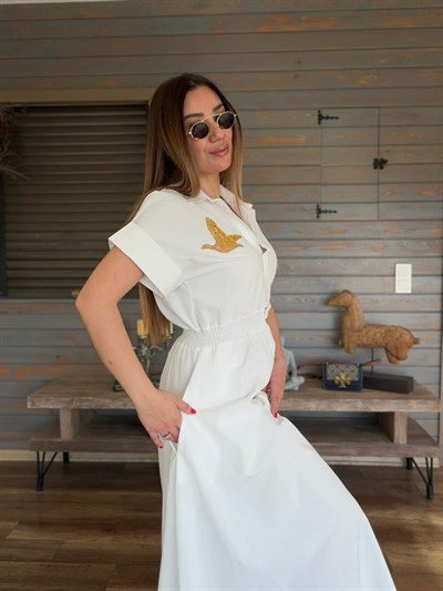 Göğüs Taş İşlemeli Bel Büzgülü Elbise