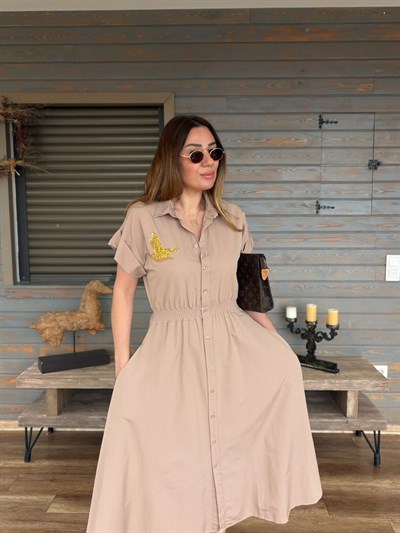 Göğüs Taş İşlemeli Bel Büzgülü Elbise